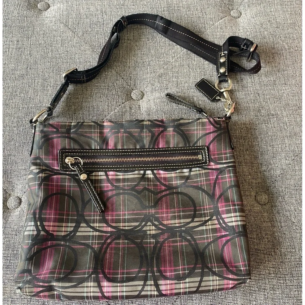 Coach Poppy Tartan Gray Pink Plaid Crossbody‎ Bag Glitter Purse F17710